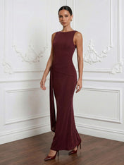 Burgundy Scoop Neck Mermaid Chiffon Maxi Dress with Ruffle