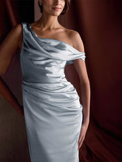 Formal Party Satin Dress Blue One-Shoulder Pleated Asymmetrical neckline Floor Lenght Dress