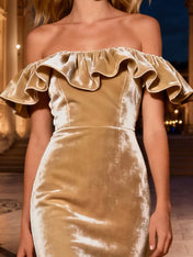 Champagne Mermaid Tiered Long Velvet Holiday Party Dress with Ruffles