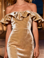 Champagne Mermaid Tiered Long Velvet Holiday Party Dress with Ruffles