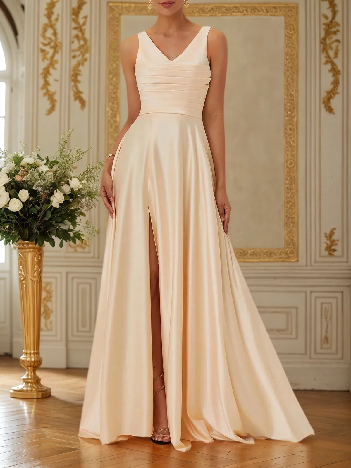 Champagne Ruched Slit Satin V Neck Sleeveless A-Line Maxi Bridesmaid Dress