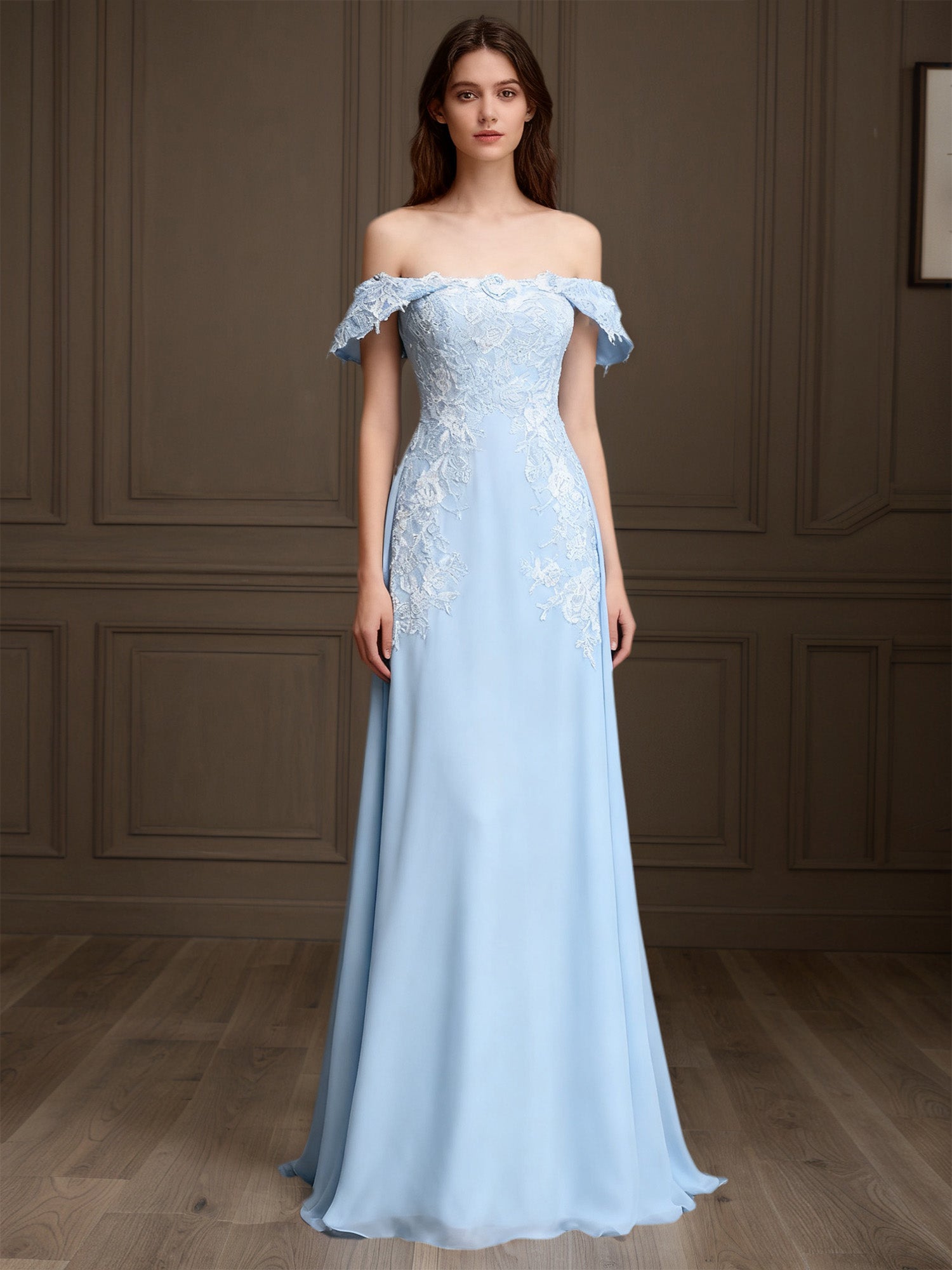 Elegant Off the Shoulder Chiffon Sheath Long Mother of the Bride with Lace Appliques