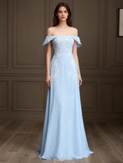 Elegant Off the Shoulder Chiffon Sheath Long Mother of the Bride with Lace Appliques