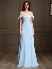 Elegant Off the Shoulder Chiffon Sheath Long Mother of the Bride with Lace Appliques