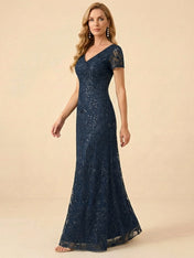 Navy Blue V-Neck Embroidery Short Sleeves Mother of the Brides Gown