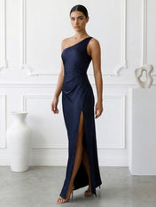 Navy Blue One Shoulder Mermaid Maxi Dress with Slit