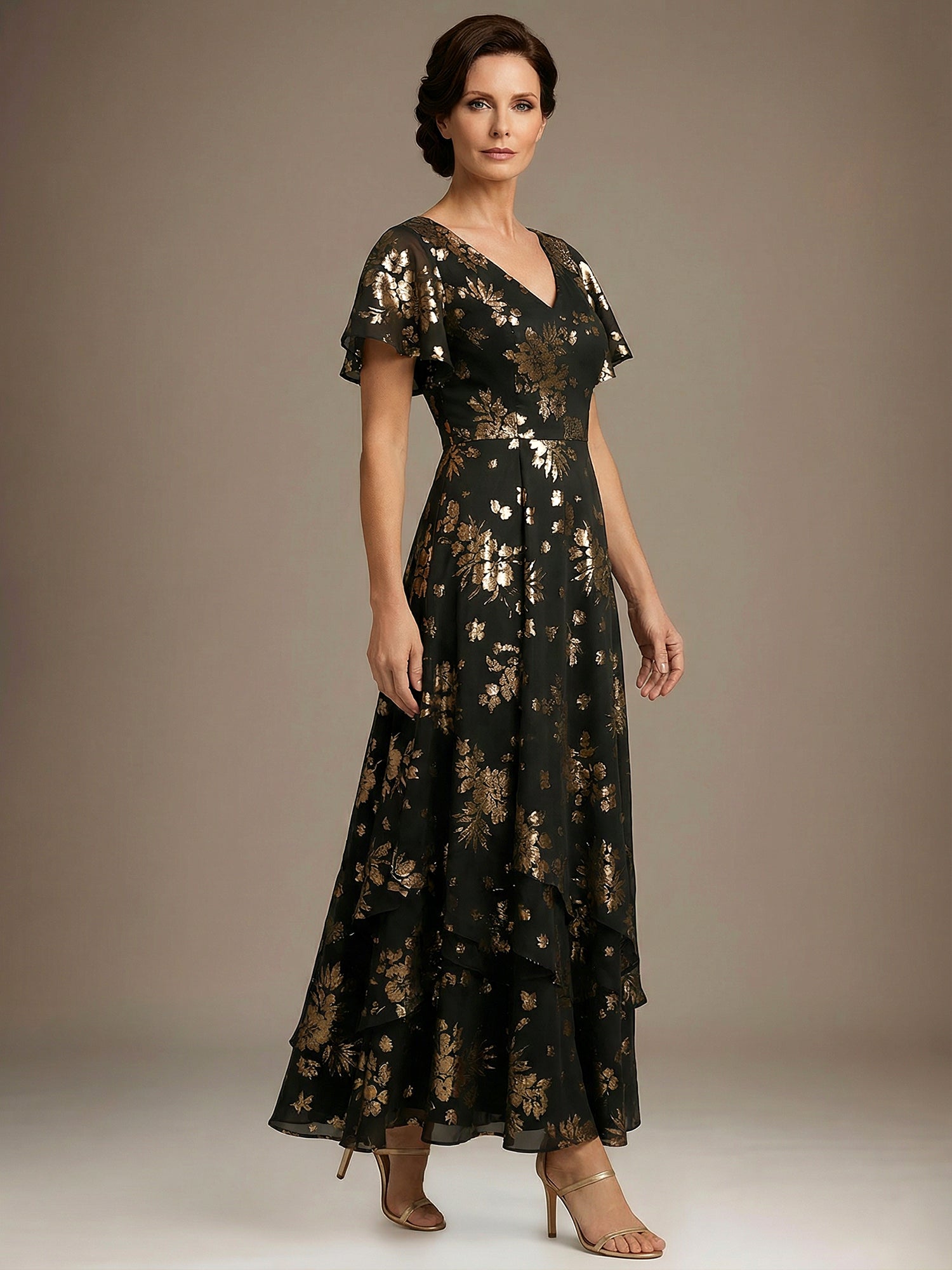 Black A-line V-Neck Ankle-Length Chiffon Mother of the Bride Dress With Cascading Ruffles