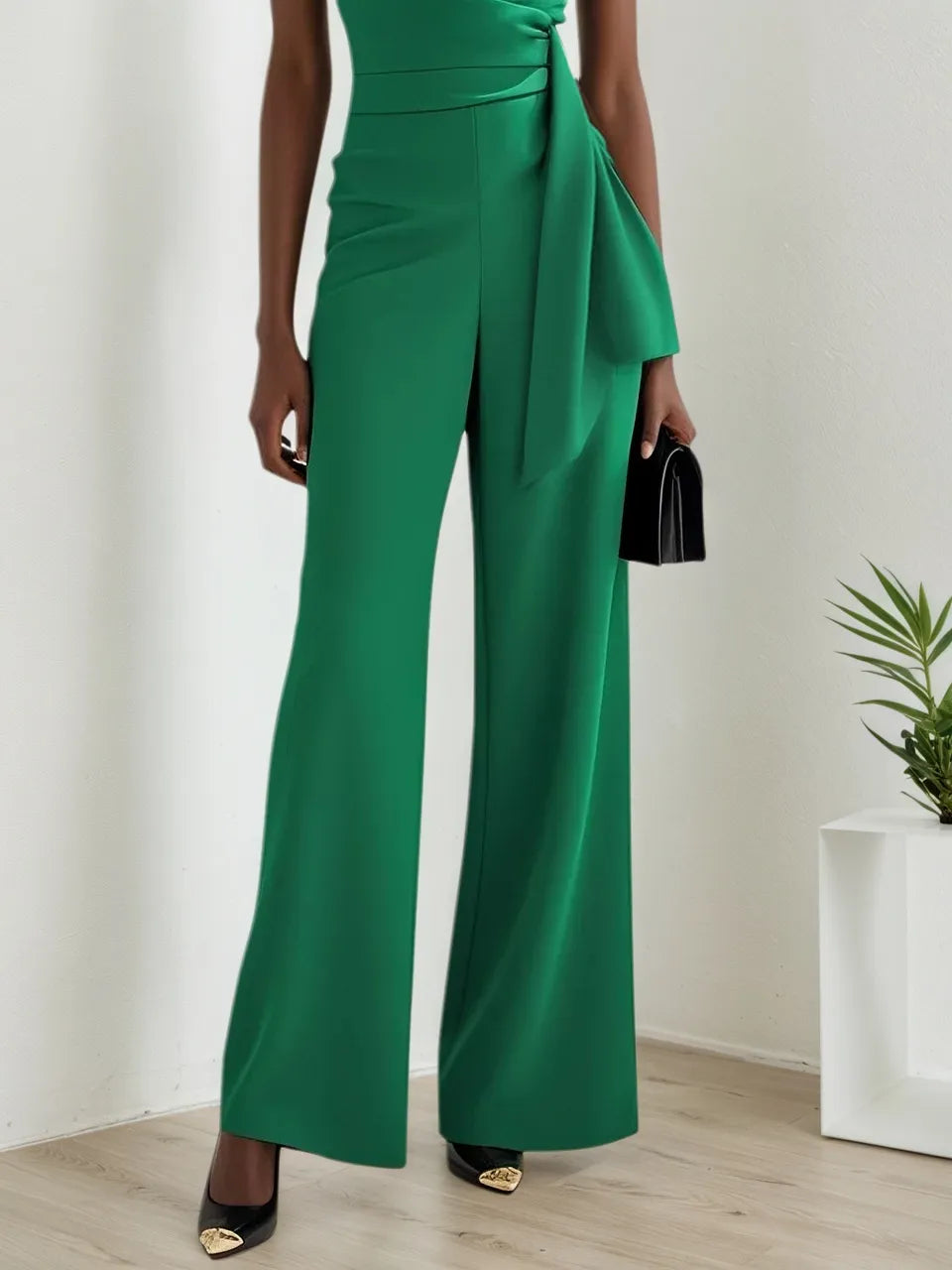 Women Green Ruched Cowl Neck Sleeveless Dressy Jumpsuit
