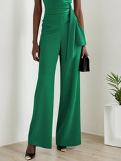 Women Green Ruched Cowl Neck Sleeveless Dressy Jumpsuit