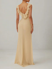 Apricot Ruffled Prom Dress Lotus Leaf Collar Sleeveless Mermaid Maxi Bridesmaid Dress