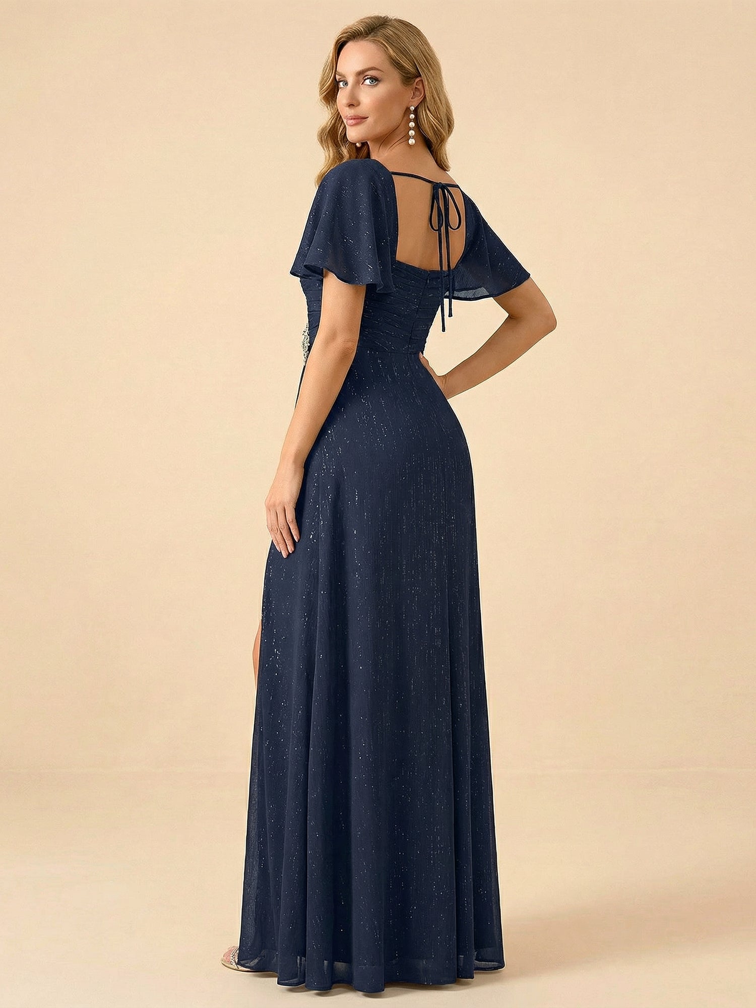 Navy Blue Square Neck Flutter Sleeve Slit Evening Gown with Rhinestone