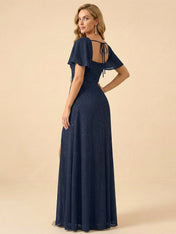 Navy Blue Square Neck Flutter Sleeve Slit Evening Gown with Rhinestone
