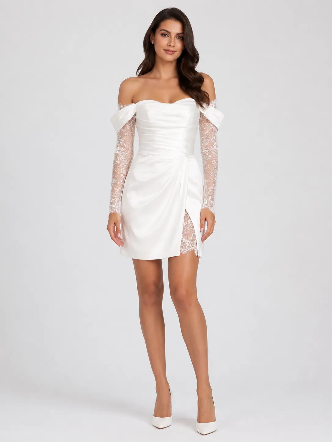 Off-the-Shoulder Lace Long Sleeve Ruched Satin Mini Wedding Dress