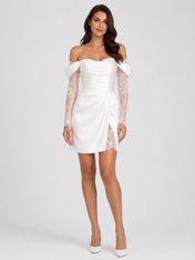 Off-the-Shoulder Lace Long Sleeve Ruched Satin Mini Wedding Dress