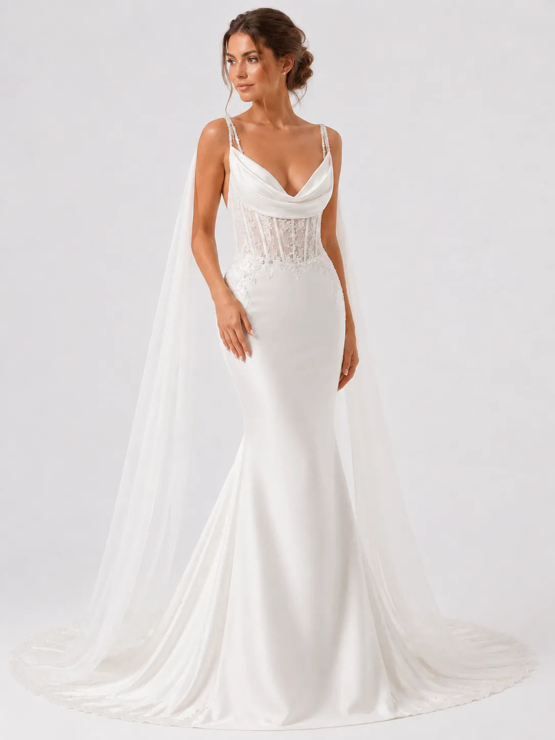 Elegant Spaghetti Strap Mermaid Wedding Dress with Draped Cowl Neck, Illusion Corset, Lace Appliqué and Chapel Train