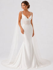 Elegant Spaghetti Strap Mermaid Wedding Dress with Draped Cowl Neck, Illusion Corset, Lace Appliqué and Chapel Train