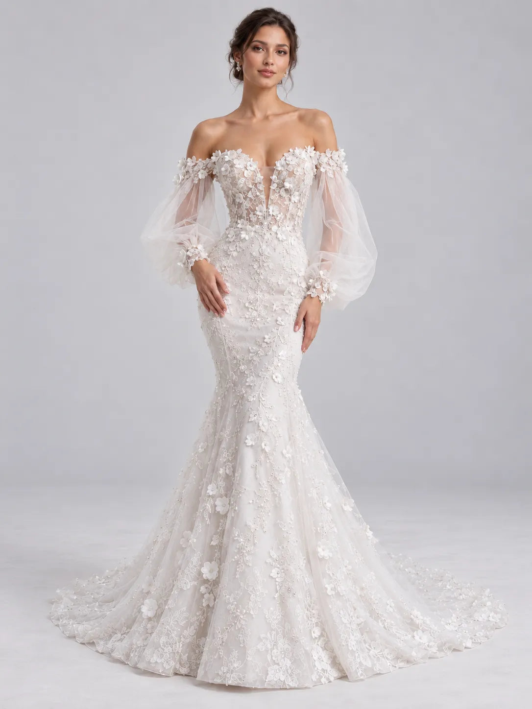 Off-The-Shoulder Sweetheart 3D Floral Applique Mermaid Wedding Dress