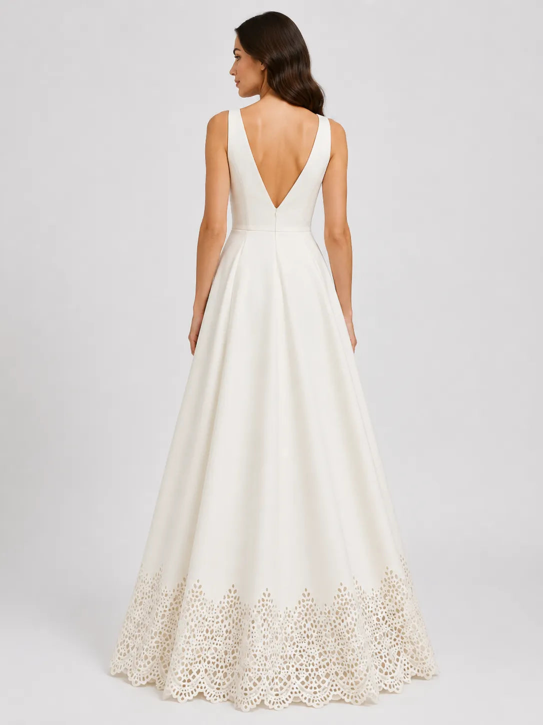 Elegant Deep V-Neck Satin A-Line Wedding Dress with Cutwork Lace Hem