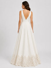 Elegant Deep V-Neck Satin A-Line Wedding Dress with Cutwork Lace Hem