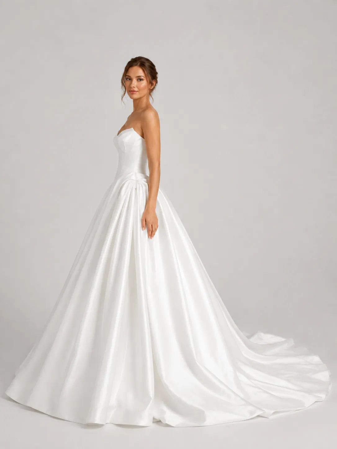 Elegant Strapless Satin Ball Gown Wedding Dress with Sculpted Bodice and Cathedral Train
