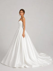Elegant Strapless Satin Ball Gown Wedding Dress with Sculpted Bodice and Cathedral Train
