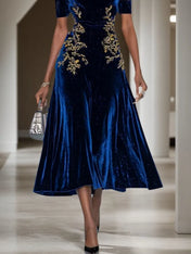 Deep Blue Applique Gathered Velvet Off The Shoulder Short Sleeve A-Line Midi Dress