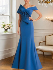 Evening Formal Dress Blue Off-The-Shoulder with Pearls Maxi Dress