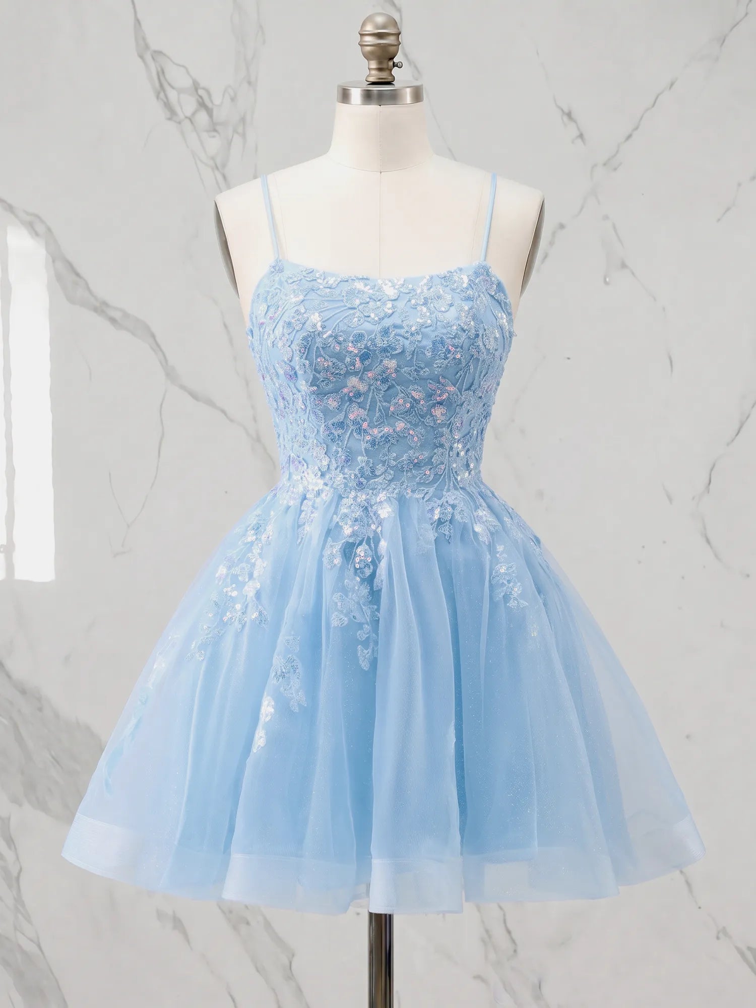 Square Neck Floral Lace A-Line  Short Homecoming Dress