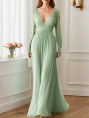 Formal Evening V-Neck Dress Green Long Sleeve Maxi Dress