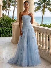 Light Blue Evening Dress with 3D Flower Strapless Pleat Maxi Dress