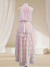 A Line Pink Chiffon Halter Neck Sleeveless Ankle Length Dress With Cascading Ruffles