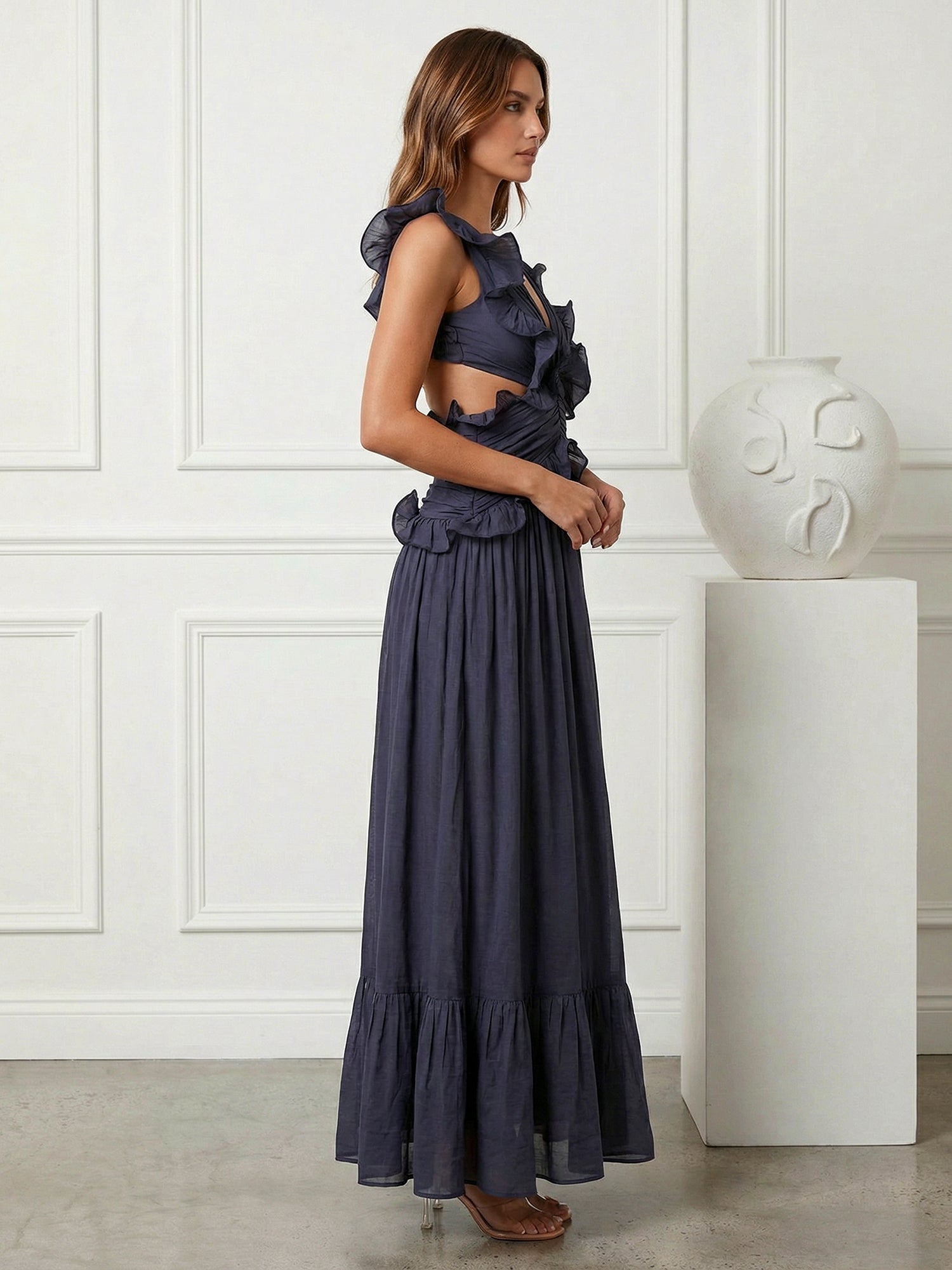 Black V Neck Chiffon A Line Tea Length Maxi Dress with Ruffle