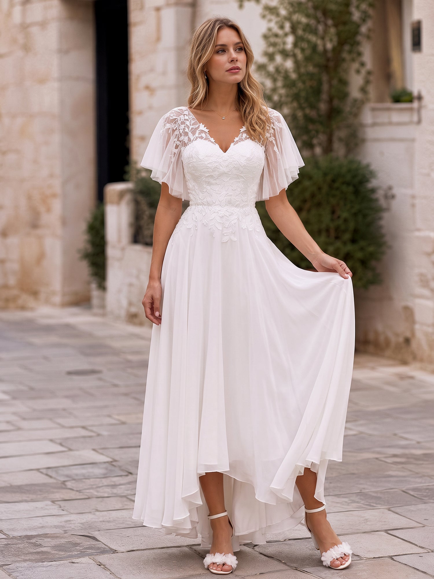 Romantic A-Line Wedding Dress with Floral Lace Bodice & Sheer Flutter Sleeves