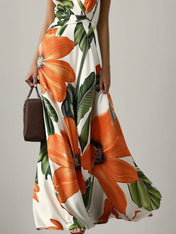 Orange Floral Classic V Neck Sleeveless A-Line Maxi Dress