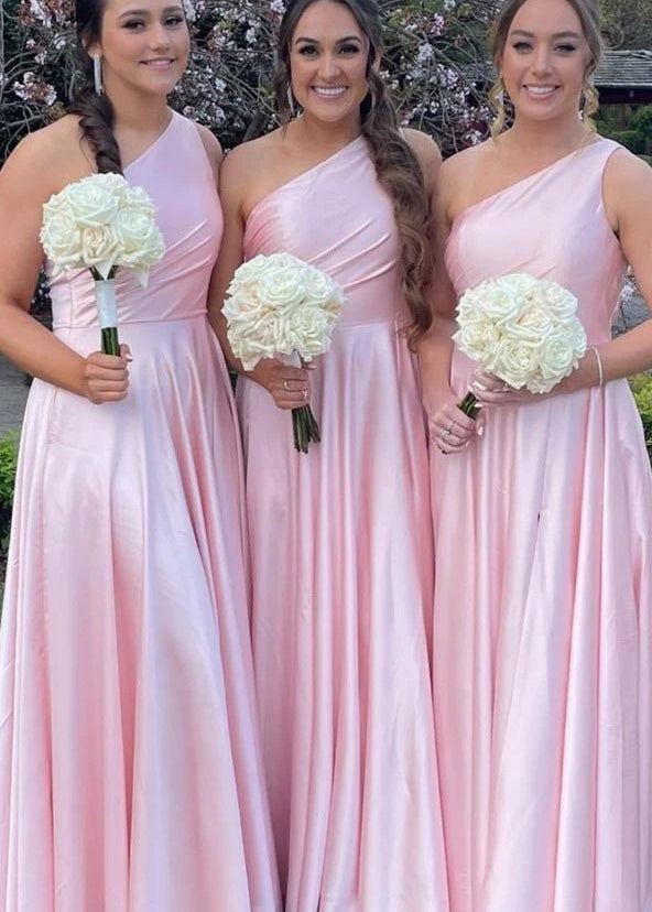 Light Pink One Shoulder A-line Satin Long Bridesmaid Dress with Slit