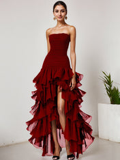 Chic Dark Green Strapless Tulle Tiered Long Formal Dress