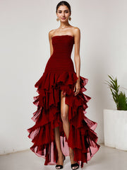 Chic Dark Green Strapless Tulle Tiered Long Formal Dress