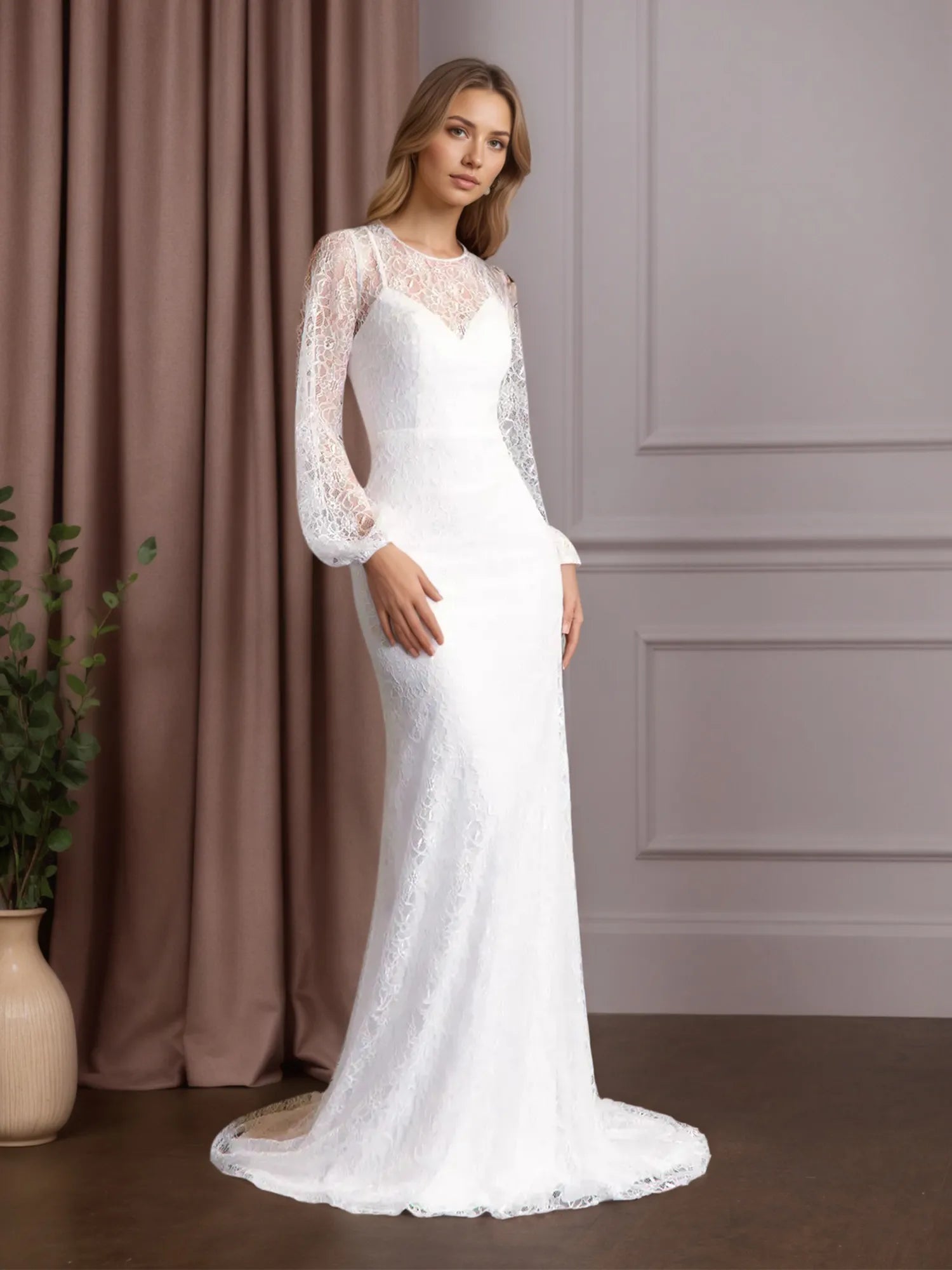 White Mermaid Scoop Neck Lace Wedding Dress