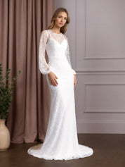 White Mermaid Scoop Neck Lace Wedding Dress