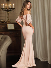Off-Shoulder Half-Sleeve Beaded Mermaid Maxi Gown Formal Evening Dress