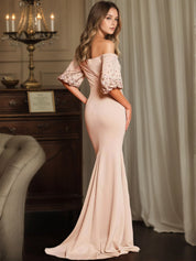 Off-Shoulder Half-Sleeve Beaded Mermaid Maxi Gown Formal Evening Dress