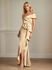 Trumpet/Mermaid Off the Shoulder Floor Length Satin Mother Of the Bride Dress With Ruffles