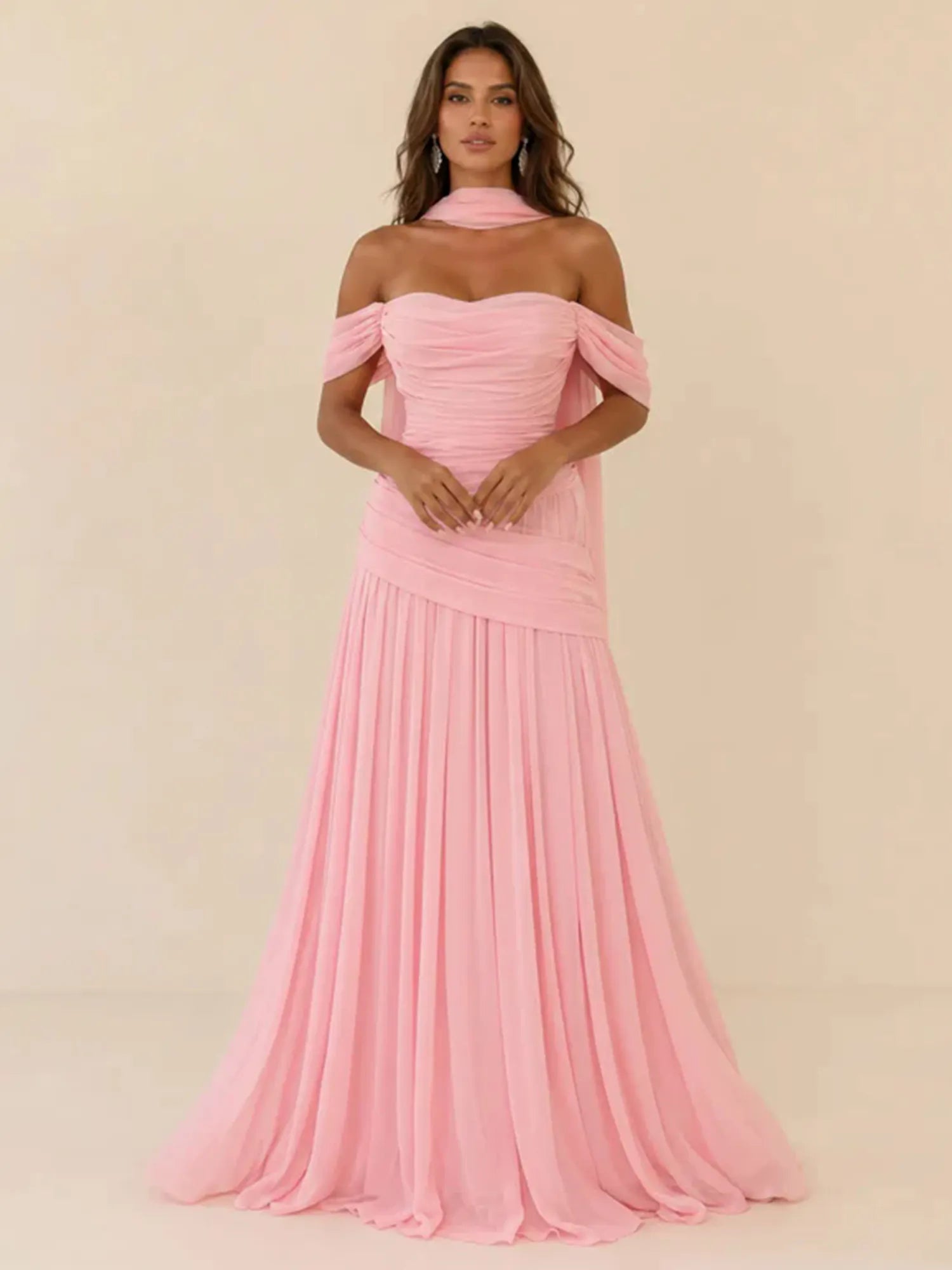 Off-The-Shoulder Ruched Chiffon Maxi Gown with Matching Neck Wrap