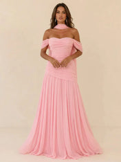 Off-The-Shoulder Ruched Chiffon Maxi Gown with Matching Neck Wrap