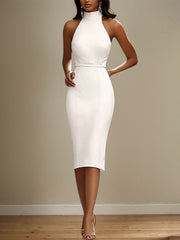 Semi-Formal Party Dress White Halter Neck Tea Length Dress