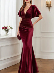 Formal Velvet Dress Burgundy V Neck Maxi Mother of the Bride Dress