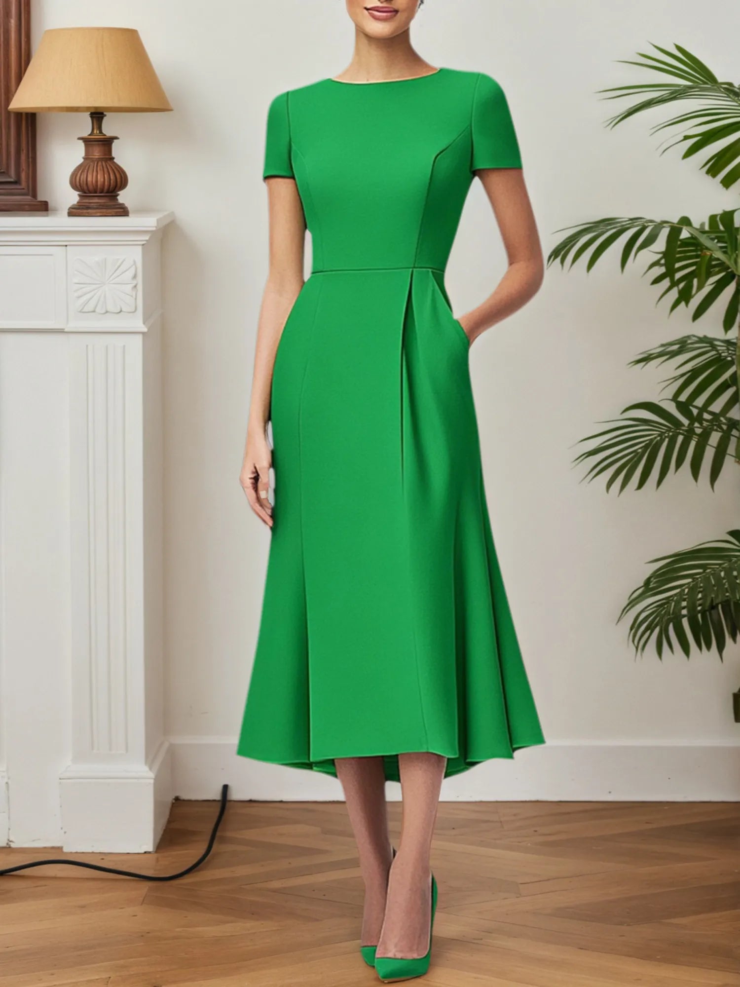 Party Cocktial Dress Green A-Line With Pockets Midi Dress