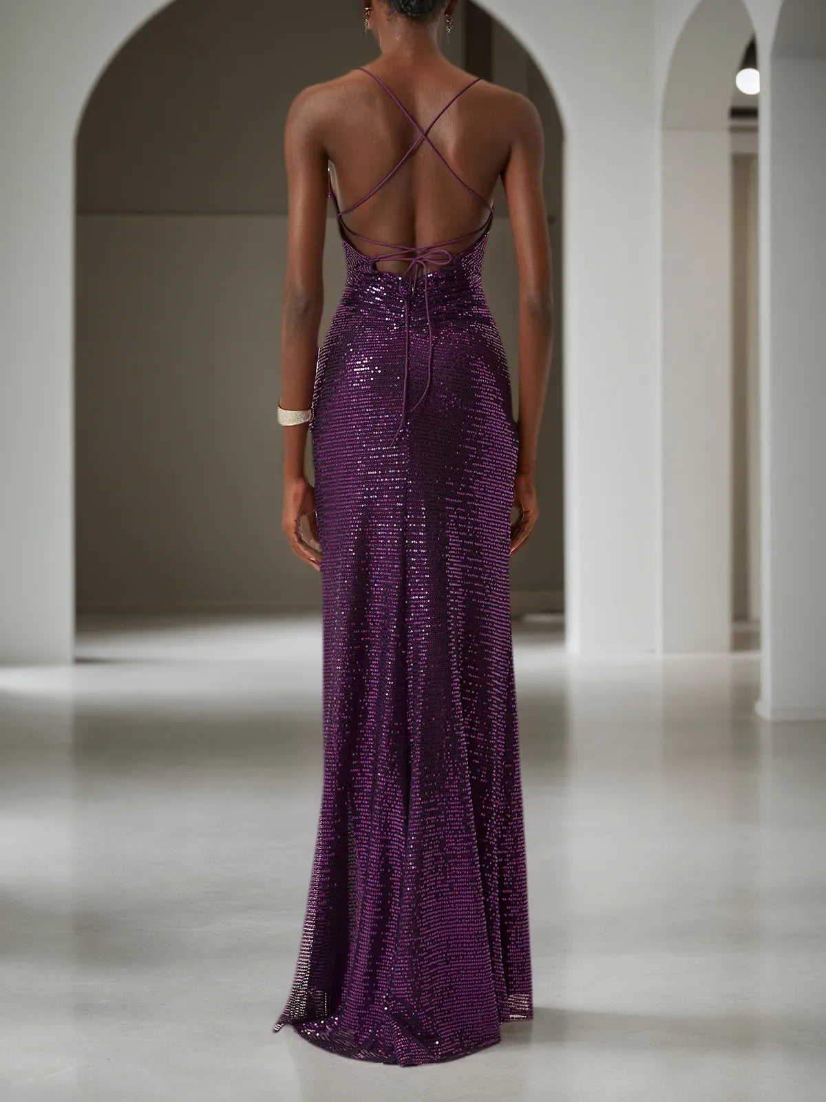 Purple Ruched Slit Sequin Spaghetti Gallus Sheath Gown Dress