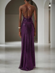 Purple Ruched Slit Sequin Spaghetti Gallus Sheath Gown Dress