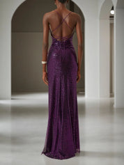 Purple Ruched Slit Sequin Spaghetti Gallus Sheath Gown Dress